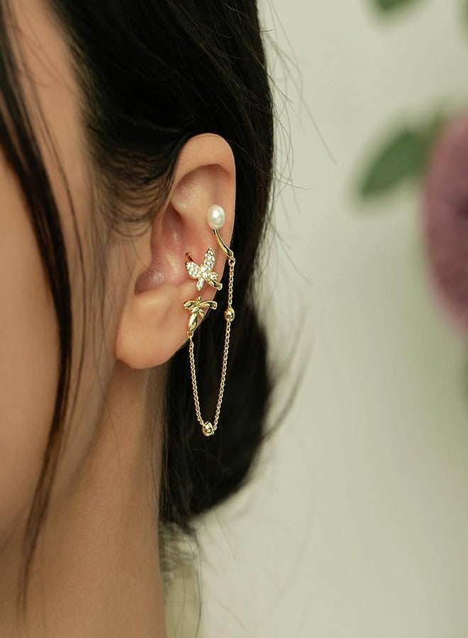 Cicod Ear Cuff Earrings for Women No Piercing Zircon Star Heart Pearl cuffs Helix Cartilage Clip On Wrap Earring Adjustable Ear Cuffs Prom Jewelry for Women (Butterfly Chain) - Image 3